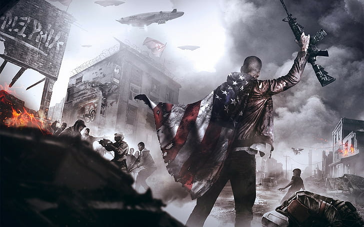 ألعاب الفيديو مفهوم الفن الواجهة الرئيسية للثورة سلاح العلم الأمريكي، خلفية HD