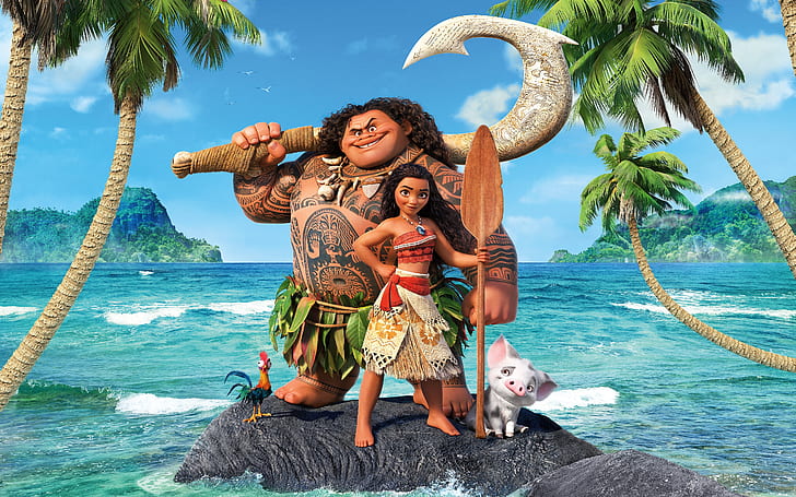 sea, the sun, tropics, palm trees, coast, cartoon, necklace, tattoo, girl, poster, paddle, Walt Disney Pictures, Maui, aboriginal, Moana, HD wallpaper