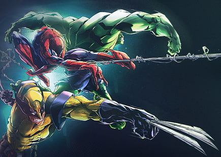 Marvel Hulk, Spider-Man, and Wolverine digital wallpaper, Hulk, Wolverine and Spider-Man digital wallpaper, Hulk, Spider-Man, Wolverine, Marvel Comics, HD wallpaper HD wallpaper