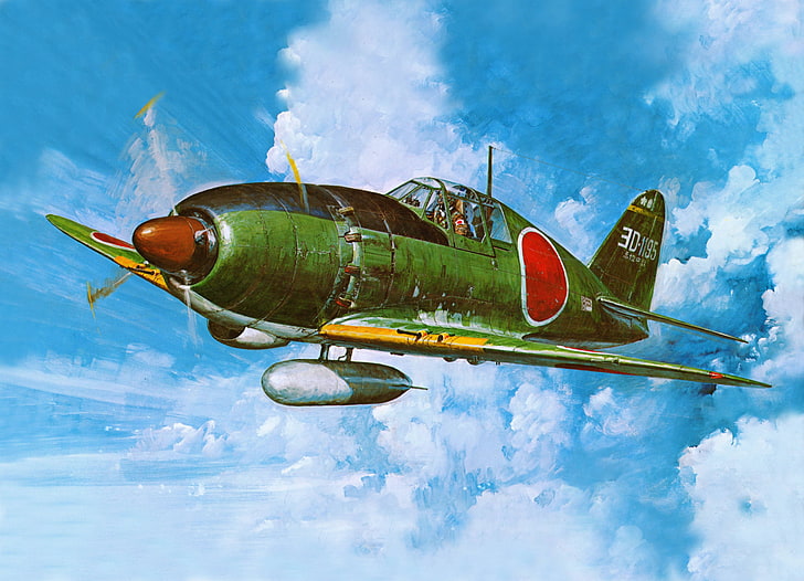 green and black Japanese plane painting, aircraft, war, airplane, aviation, J2M Raiden, dogfight, HD wallpaper