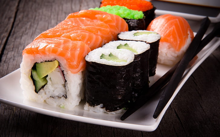 Sushi Rolls, sushi food, sushi, japanese food, fish, HD wallpaper