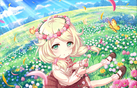 yusa kozue, gadis-gadis idolmaster Cinderella, pirang, bunga, kupu-kupu, imut, Anime, Wallpaper HD HD wallpaper