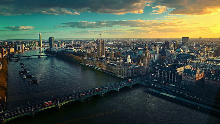 лондон, город, городской пейзаж, столичная зона, горизонт, великобритания, небо, мегаполис, ориентир, вода, европа, темза, река, аэрофотосъемка, река темза, HD обои