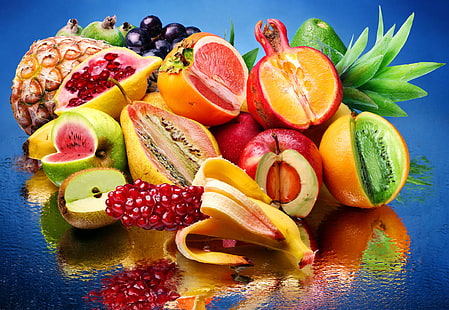 water, reflection, lemon, Apple, orange, watermelon, kiwi, grapes, pear, fruit, pineapple, banana, garnet, avocado, persimmon, mix, HD wallpaper HD wallpaper