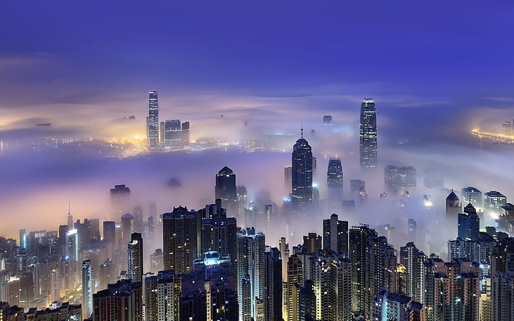 Хонконг, пристанище Виктория, сутрин, зори, небостъргачи, светлини, мъгла, Виктория, пристанище, сутрин, зори, небостъргачи, светлини, мъгла, Хонг Конг, HD тапет