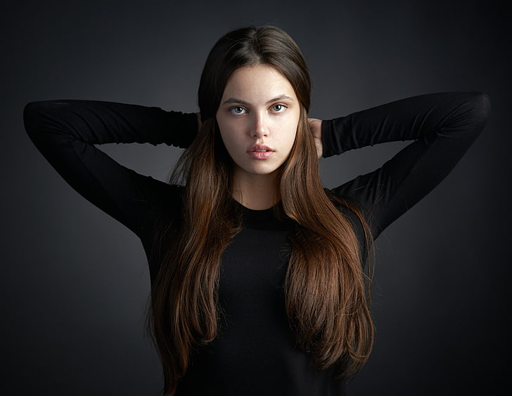 long hair, portrait, face, women, model, brunette, hands on head, black clothing, HD wallpaper