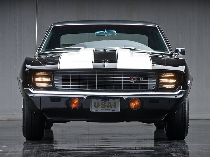 chevrolet camaro 1969 z28, nero, vista frontale, classico, automobili, veicolo, Sfondo HD