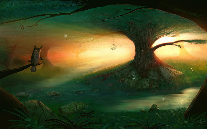 Fantasie, Landschaft, Traumfänger, Eule, Fluss, Baum, HD-Hintergrundbild