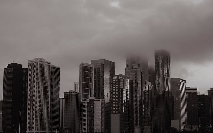 fotografi, stad, urban, byggnad, stadsbild, skyskrapa, svartvit, dimma, HD tapet