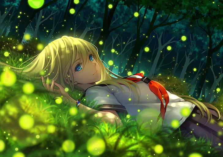 girl, trees, nature, smile, fireflies, anime, art, schoolgirl, tidsean, HD wallpaper