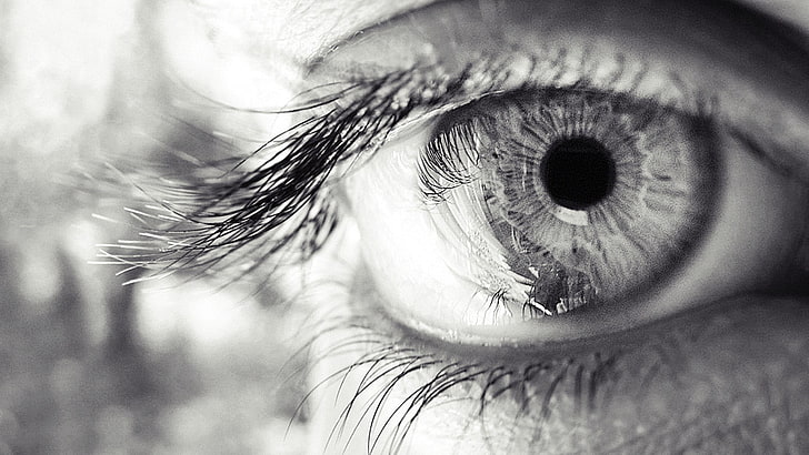 Fotografía en escala de grises del ojo de la persona, ojo, pestañas, pupila, blanco y negro, Fondo de pantalla HD