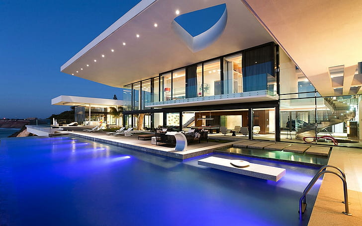 Casa moderna con piscina, tumbona negra, fotografía, 1920x1200, casa, piscina, arquitectura, diseño, Fondo de pantalla HD