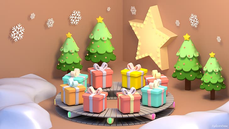 рендеринг, настроение, подарок, Новый год, елочка, снежинка, новогодние подарки, артю, Tzuyu Kao, HD обои