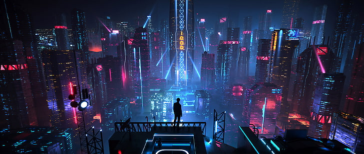 seni digital, pria, kota, futuristik, malam, neon, fiksi ilmiah, kota futuristik, cyberpunk, Xuteng Pan, lingkungan, karya seni, konsep seni, Wallpaper HD HD wallpaper