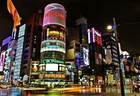 edificios de la ciudad, carretera, noche, la ciudad, luces, calle, edificio, extracto, Japón, Tokio, cruce de caminos, tiendas, Fondo de pantalla HD HD wallpaper