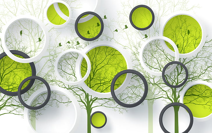 pittura murale albero bianco e verde, cerchi, design, uccelli, verde, 4K, 8K, Sfondo HD