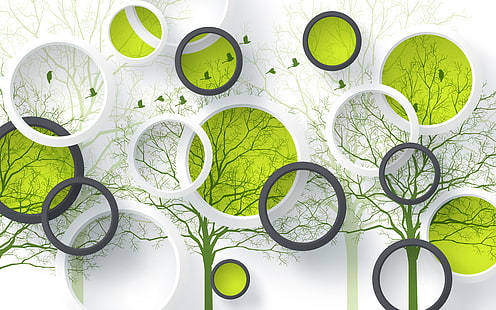 pittura murale albero bianco e verde, cerchi, design, uccelli, verde, 4K, 8K, Sfondo HD HD wallpaper
