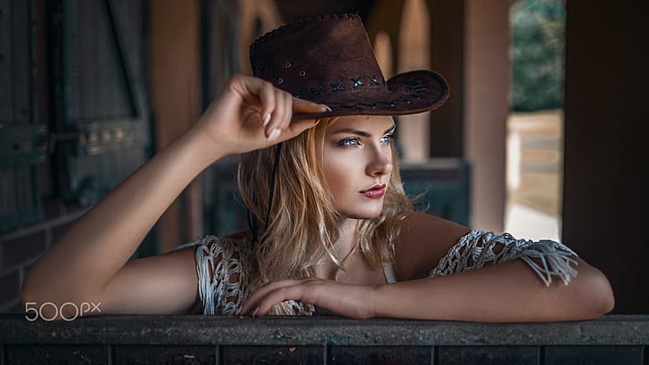 girl, hat, photo, photographer, blue eyes, model, face, blonde, Carla, portrait, lip, mouth, red lipstick, cowgirl, lipstick, cowboy hat, looking away, Carla Sonre, Damian Feather, HD wallpaper