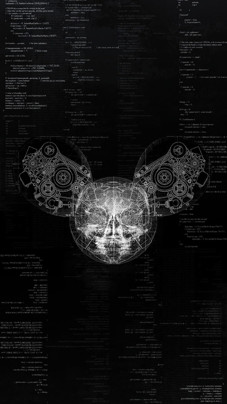 черно-белые абстрактные обои, deadmau5, череп, код, шестерни, шлем, рентген, HD обои, телефон обои