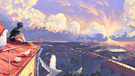 Mann oben auf dem Dach Gemälde, Kunstwerk, Illustration, Sonnenuntergang, digitale Kunst, HD-Hintergrundbild HD wallpaper