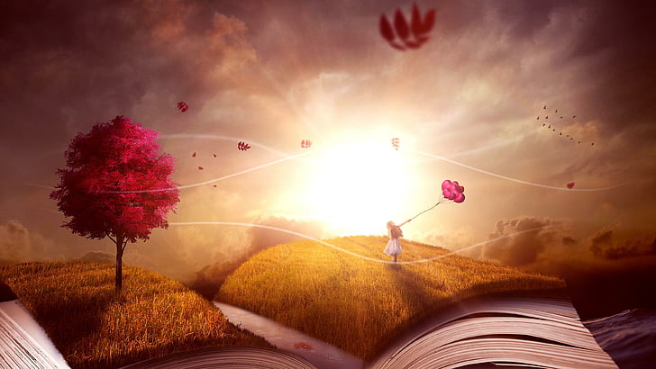 surrealism, red leaves, leaves, lone tree, red tree, autumn, dreamland, dawn, sunrise, surreal, sun, landscape, book, story book, cloud, child, sunlight, morning, sky, nature, fairytale art, fantasy art, girl, tree, HD wallpaper