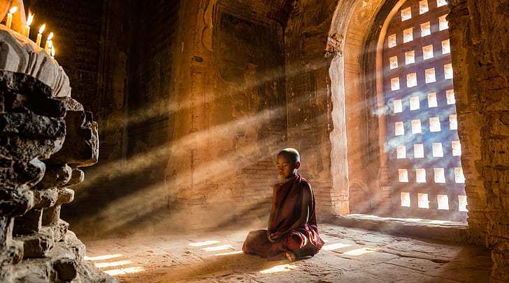 медитация, буддизм, солнечные лучи, маленький мальчик, монахи, храм, фотография, природа, солнечный свет, HD обои