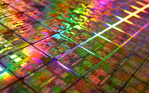assorted-color decor, circuits, wafer, silicon, colorful, microchip, DIE, gold, technology, geometry, IT, CPU, photography, PCB, HD wallpaper HD wallpaper