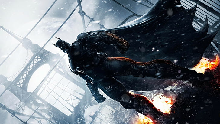 snow, bridge, fire, costume, armor, cloak, Bruce Wayne, Batman: Arkham Origins, Warner Bros. Interactive Entertainment, WB Games Montreal, HD wallpaper