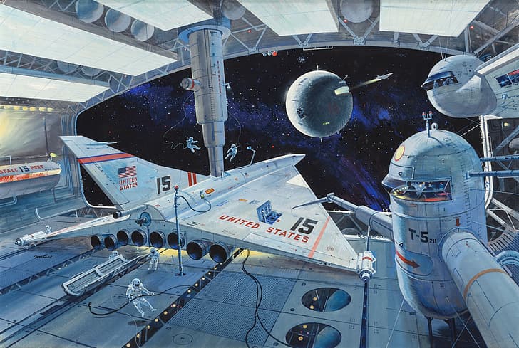 nave espacial, cabide, retro ficção científica, astronauta, EUA, HD papel de parede