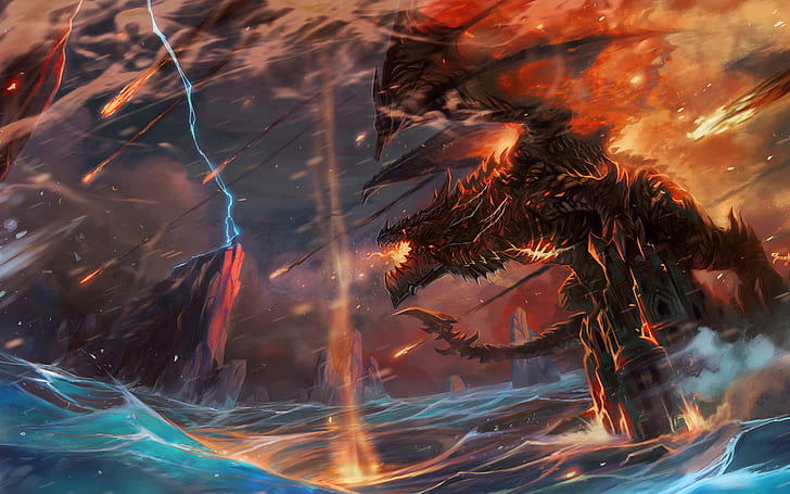 Storm of Flame Dragon, black dragon on body of water illustration, storm, flame, dragon, games, HD wallpaper
