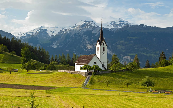 paisajes-Iglesia-alpes-Suiza-naturaleza, Sfondo HD