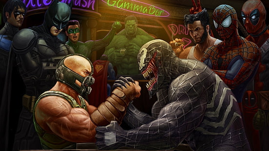 Clipart Venom and Bane, dwie postacie uprawiające siłowanie na rękę, Venom, Bane, crossover, Spider-Man, Hulk, Batman, Superman, Marvel Comics, DC Comics, Green Lantern, Wolverine, rysunek, Deadpool, siłowanie się na rękę, Tapety HD HD wallpaper