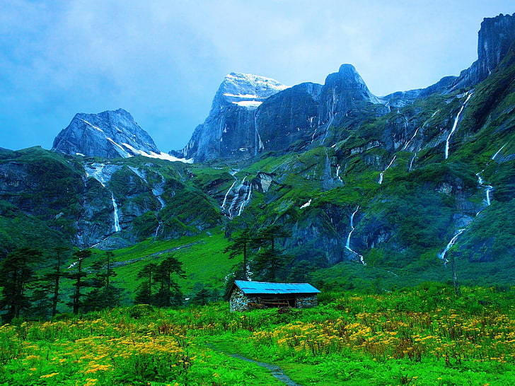 кафява къща до планини, пейзаж, природа, Непал, HD тапет