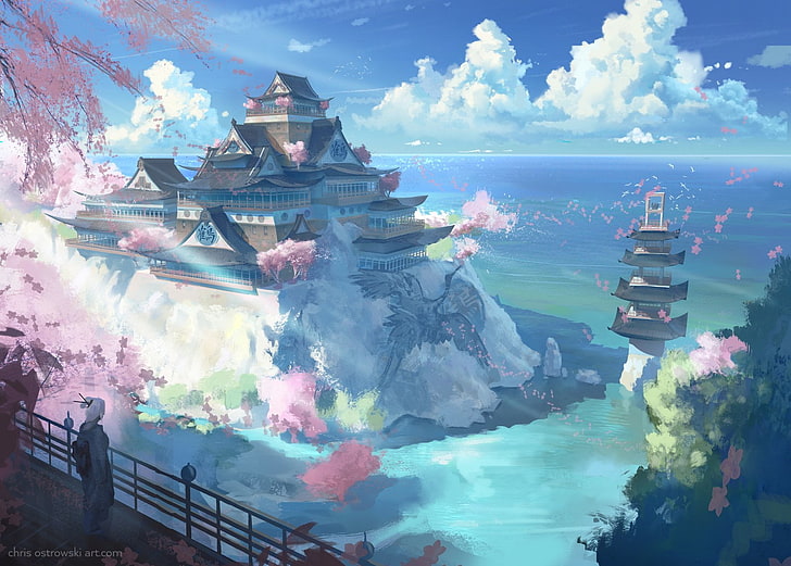 Аниме, оригинал, замък, облак, пейзаж, океан, оригинал (аниме), море, небе, вода, HD тапет