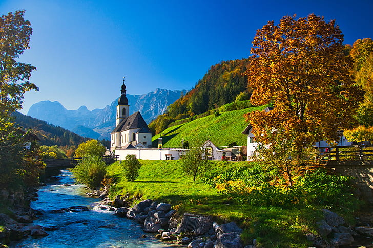 İnsan Yapımı, Ramsau bei Berchtesgaden, Kilise, Peyzaj, HD masaüstü duvar kağıdı