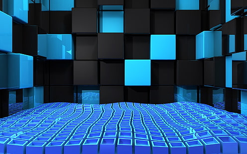 иллюстрация синих и черных блоков, куб, квадраты, пространство, синий, черный, невесомость, HD обои HD wallpaper