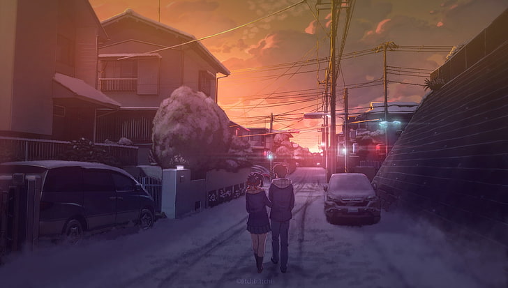 paisagem de anime, cênica, neve, casal, uniforme escolar, pôr do sol, rua, anime, HD papel de parede