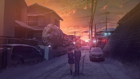 paesaggio anime, scenico, neve, coppia, uniforme scolastica, tramonto, strada, anime, Sfondo HD HD wallpaper