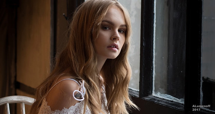 Anastasia Scheglova, model, women, blonde, white dress, HD wallpaper