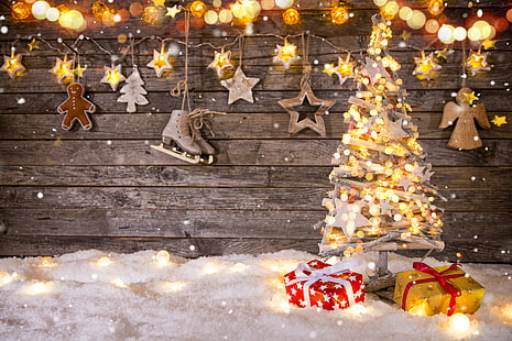 Noël, cadeaux, Nouvel an, chevrons, guirlande, Fond d'écran HD HD wallpaper