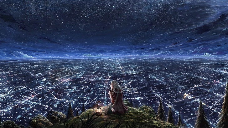 kobieta siedząca na klifie tapeta cyfrowa, kobieta w brązowej sukience siedząca na zielonej trawie z widokiem na miasto nocą, pejzaż miejski, miasto, dzieło sztuki, fantasy art, fantasy girl, Tapety HD