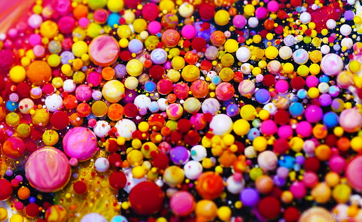 Kolorowe bąbelki farby Makro, Aero, Kolorowe, Krople, Kolor, Bąbelki, Jasne, Fotografia, Makro, Żywe, Płynne, Żywe, Reakcja chemiczna, BubbleBursting, Tapety HD