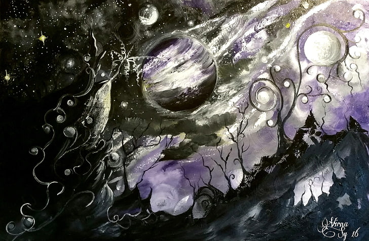 Bulan, malam, pohon, lukisan, Wallpaper HD