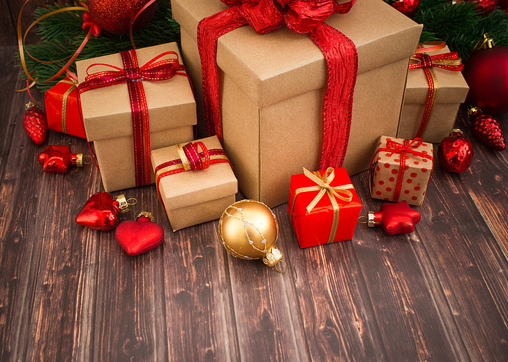 berbagai macam kotak hadiah, dekorasi, mainan, Tahun Baru, Natal, hadiah, bahagia, kayu, Selamat Natal, Xmas, perayaan liburan, Wallpaper HD