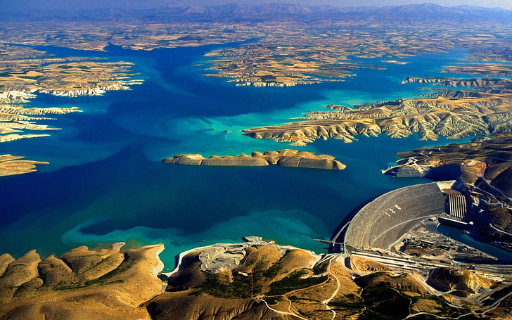 aerial, ataturk, blue, dam, erial, euphrates, hill, lake, landscape, nature, panoramas, river, the, turkey, view, water, HD wallpaper