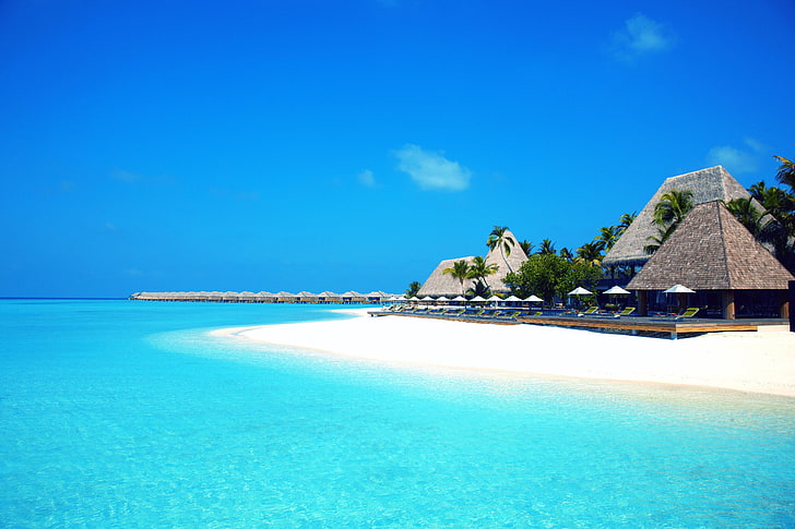 badan air, pasir, laut, pantai, langit, pohon-pohon palem, stay, Paradise, Bungalow, maldivy, Wallpaper HD