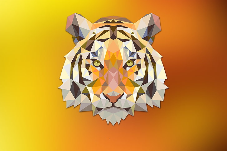 картинки с тигровой головой, тигр, красный, оранжевый, треугольник, фэнтези, цифровое искусство, животные, низкополигональная, HD обои