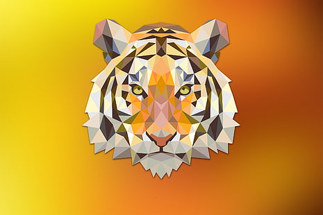 картинки с тигровой головой, тигр, красный, оранжевый, треугольник, фэнтези, цифровое искусство, животные, низкополигональная, HD обои HD wallpaper