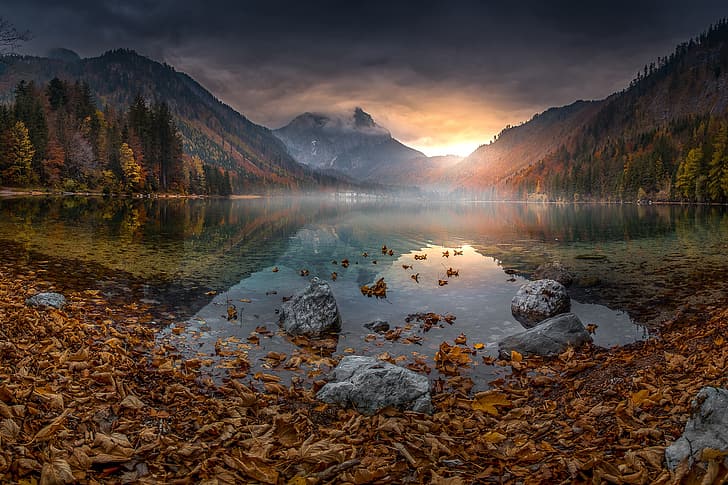 leaves, mountains, lake, Austria, canopy, Langbathsee, HD wallpaper
