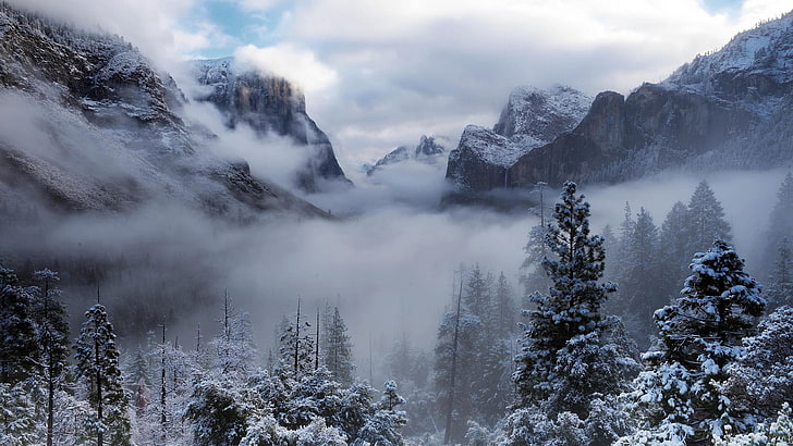 пейзаж, природа, облака, горы, зима, снег, Йосемитский национальный парк, HD обои